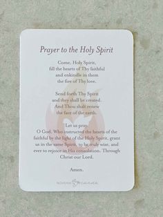 Our Holy Spirit Prayer Card can be tucked in your Bible, given as a gift, or simply displayed for a reminder to ask the Holy Spirit to come and fill your heart. 5" x 3.5" card with rounded corners Thick cardstock paper This beautiful piece is designed by Novena Cards Holy Spirit Prayer, Holy Spirit Come, Let Us Pray, The Holy Spirit, Prayer Cards, Cardstock Paper, Paper Goods, Holy Spirit, Rounded Corners