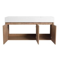 a white and wood table with two open shelves