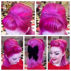 Diablo Rose rocking bright pink hair and a big black bow! I love her cute rockabilly, pinup, retro style! Cabelo Pin Up, Bright Pink Hair, Pinup Hair, 50s Hairstyles, 50s Retro, Glitter Rosa, Rockabilly Hair, Retro Hair