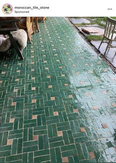 a dog is sitting on a bench in front of a brick walkway with green tiles