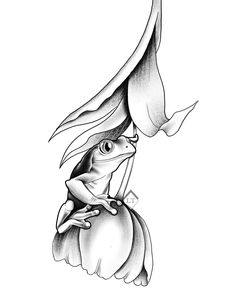 a black and white drawing of a frog sitting on top of a flower with its eyes closed