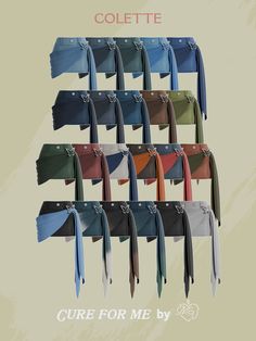 a bunch of different colors of ties hanging from hooks with the words colette on them