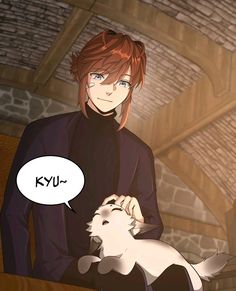 an anime character holding a white dog in his lap with a comic bubble saying kyu