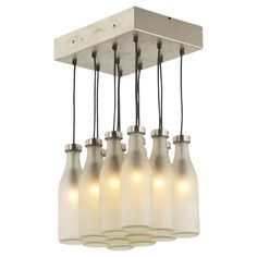 a light fixture with six bottles hanging from it's center and four lights on each side