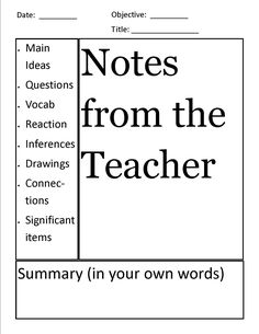 the worksheet for writing notes from the teacher, including some words and pictures