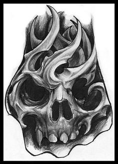 a drawing of a skull with flames on it