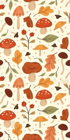 an image of mushrooms and leaves on a white background for wallpaper or wrapping paper