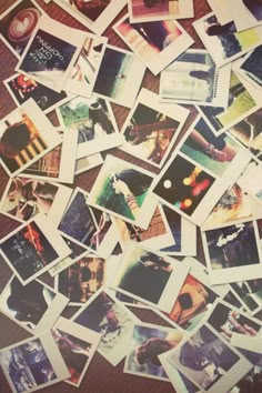 many polaroid photos are scattered on the floor