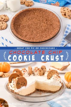 a chocolate chip cookie crust cheesecake on a plate