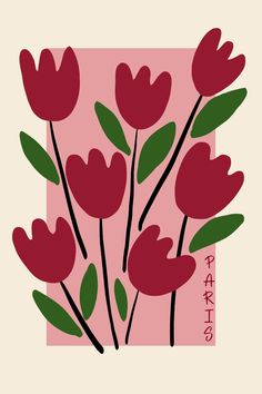 red flowers with green leaves on a pink background