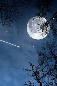 an airplane flying in the night sky with stars and moon behind it, as seen from below