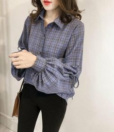 Bell Sleeve Shirt, Blue Plaid Shirt, Korean Outfits, Ladies Tops Fashion, Looks Vintage, Outfits Casuales, Coats Jackets Women, Look Fashion