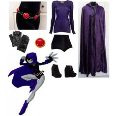 the costume is purple and black with red accents