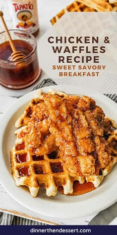 chicken and waffles on a white plate with syrup