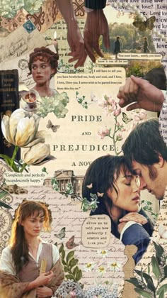 collage of people and flowers with the words pride and prejudicc on them