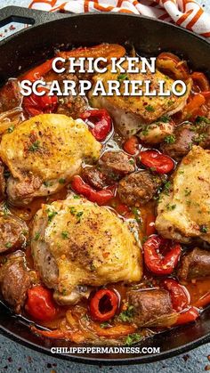 chicken scamperillo in a skillet with tomatoes and peppers