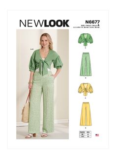 the new look sewing pattern is shown in two different styles, including wide legged pants and crop