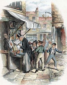 an old drawing of people standing in front of a store