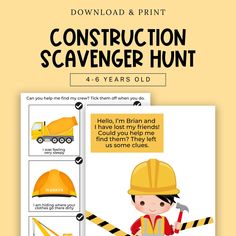 the construction scavenger hunt for kids with instructions to help them learn how to use it