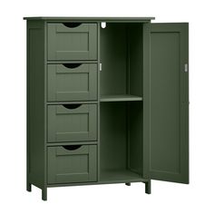 a green cabinet with four drawers on the bottom and one door open to reveal it's contents