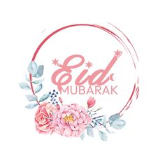 the eid mubarak logo with pink flowers and leaves on it's side