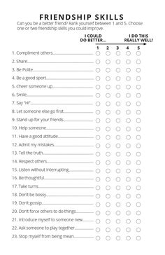 a printable checklist with the words, friends skills and other things to do