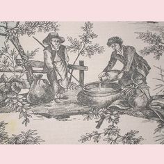 an old drawing of two people near a pot with something in it on the ground