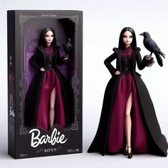 a barbie doll in a black and purple dress with a crow on her shoulder, standing next to a box