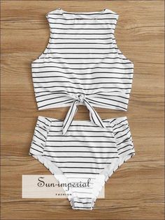 Knot front top with Dot High Waist Bikini Set - White Striped and bottom SUN-IMPERIAL United States Tankini 2024, Knot Front Top, Trendy Swimsuits, Tankini Swimsuits For Women, Outfit Chic, Cute Swimsuits