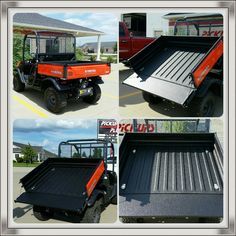 four different views of the back end of a golf cart with its cargo compartment open