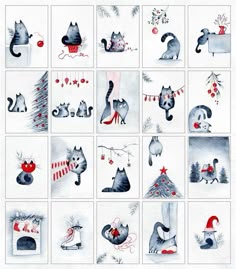 several pictures of cats and christmas decorations on white paper with red trimmings around them