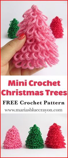 mini crochet christmas trees with text overlay