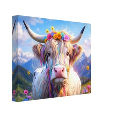 a painting of a cow with flowers on its head is shown in front of mountains