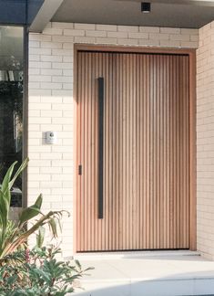 a modern wooden door in front of a white brick building with planters and potted plants