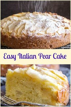 easy italian pear cake recipe on a cooling rack with text overlay that reads easy italian pear cake