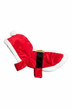 a dog wearing a santa claus hat and red coat with white fur on it's back