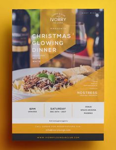 a flyer for a christmas dinner with food and wine on the table in front of it