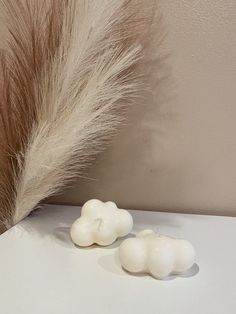 two white candles sitting on top of a table next to some brown and white feathers