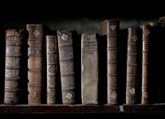 old books are lined up on a shelf