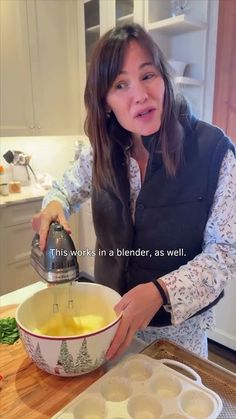 a woman is pouring something into a bowl