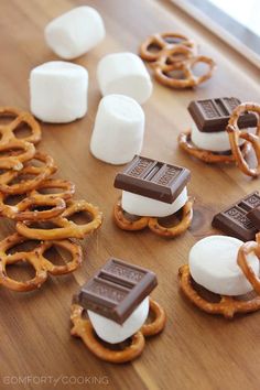 pretzels, marshmallows and pretzels on a wooden table