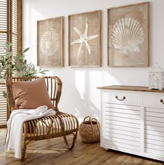 a chair with pillows on it in front of three framed seashells and a potted plant