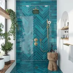 a bathroom with blue tile and wooden shelves