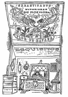 a drawing of a fireplace with an ornate design on the front and back side, in black and white