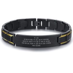 a black and gold bracelet with an engraved message on the front, in two tone stainless steel