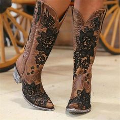 Women's Boots Cowboy Boots Plus Size Work Boots Outdoor Daily Embroidered Mid Calf Boots Winter Embroidery Block Heel Chunky Heel Pointed Toe Vintage Fashion Minimalism Faux Leather Zipper Blue Brown 2024 - $57.99 Cowboys Boots, Embroidery Boots, African Shoes, Bota Country, Mid Heel Boots, Embroidered Boots, Hot Boots, Pointed Toe Boots, Cowboy Boots Women