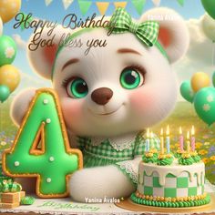 a white teddy bear sitting in front of a cake with candles on it and the number four