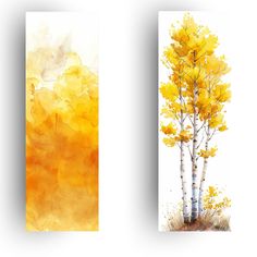 two watercolor paintings of trees with yellow leaves