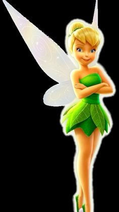 a cartoon tinkerbell fairy standing with her arms crossed