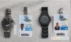 three id badges are attached to two wrist watches